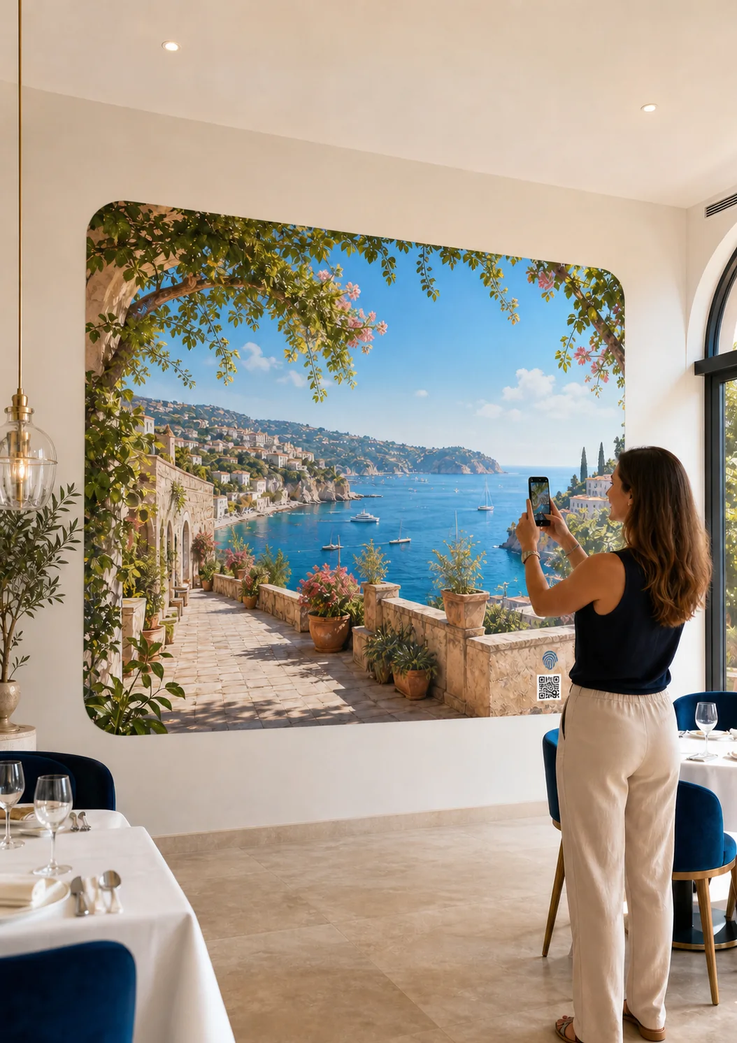 Restaurant lumineux avec un paysage méditerranéen imprimé directement sur le mur avec des coins arrondis